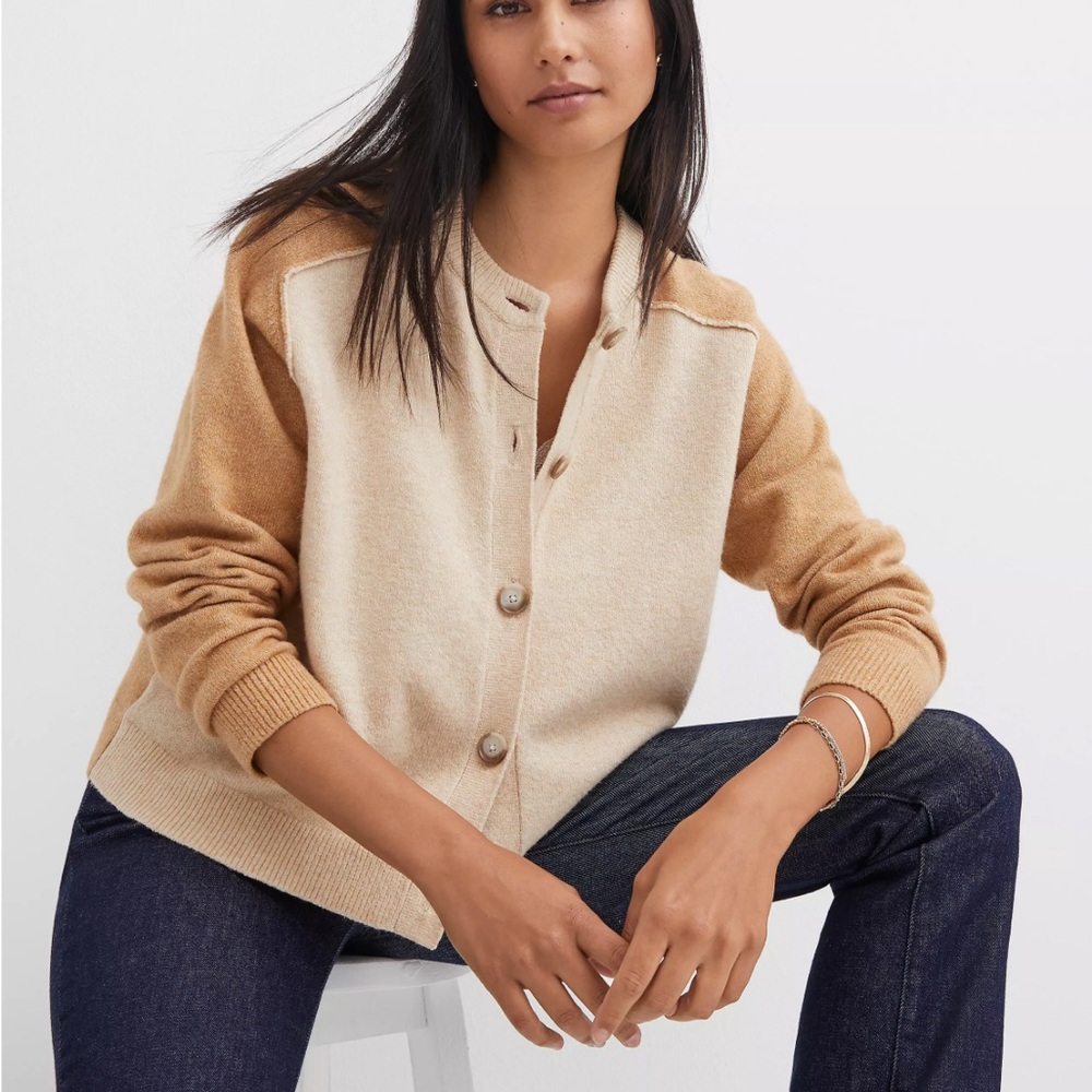 NWT. LOFT Colorblock Saddle Sleeve Cardigan - Cream and Tan